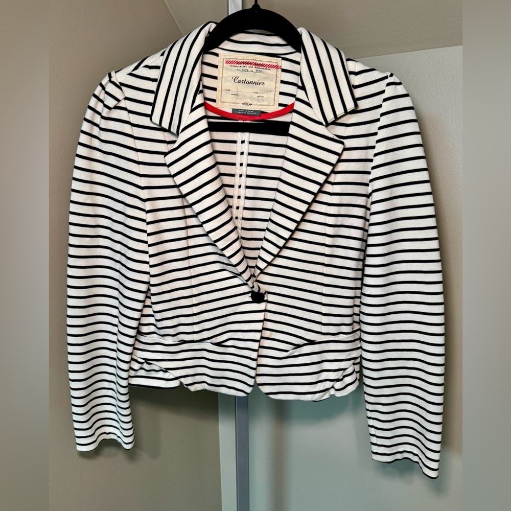 Anthropologie Cartonnier Women's Ivory/Black Striped Blazer Size XS‎